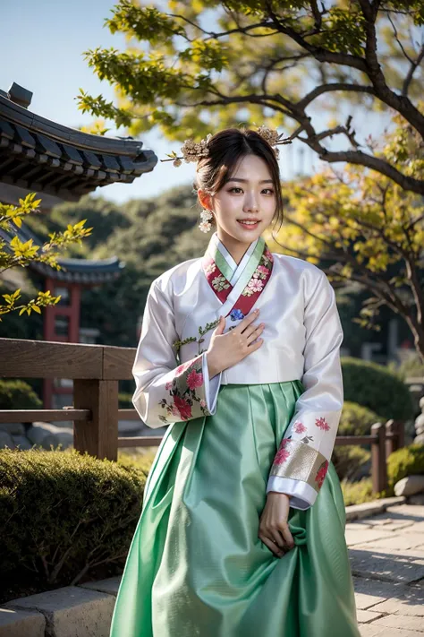 (realistic:1.3), finely detailed, quality, rembrandt lighting, (masterpiece:1.2), (photorealistic:1.2), (best quality), (detailed skin:1.3), (intricate details), dramatic, ray tracing, 1girl, korean girl, 21 years old, detailed skin texture, (blush:0.5), (goosebumps:0.5), subsurface scattering, smiling, medium breasts, updo hair, bangs, hair between eyes, hair ornament, traditional korean clothes, silk, (Hanbok:1.1), cowboy shot, (bright sunny day, outdoors, korean garden, autumn scene, red maple trees, sky), <lora:last1234:0.5>