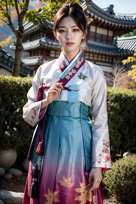 (realistic:1.3), finely detailed, quality, rembrandt lighting, (masterpiece:1.2), (photorealistic:1.2), (best quality), (detailed skin:1.3), (intricate details), dramatic, ray tracing, 1girl, korean girl, 21 years old, detailed skin texture, (blush:0.5), (goosebumps:0.5), subsurface scattering, smiling, medium breasts, updo hair, bangs, hair between eyes, hair ornament, traditional korean clothes, silk, (Hanbok:1.1), cowboy shot, (bright sunny day, outdoors, korean garden, autumn scene, red maple trees, sky), <lora:last1234:0.5>