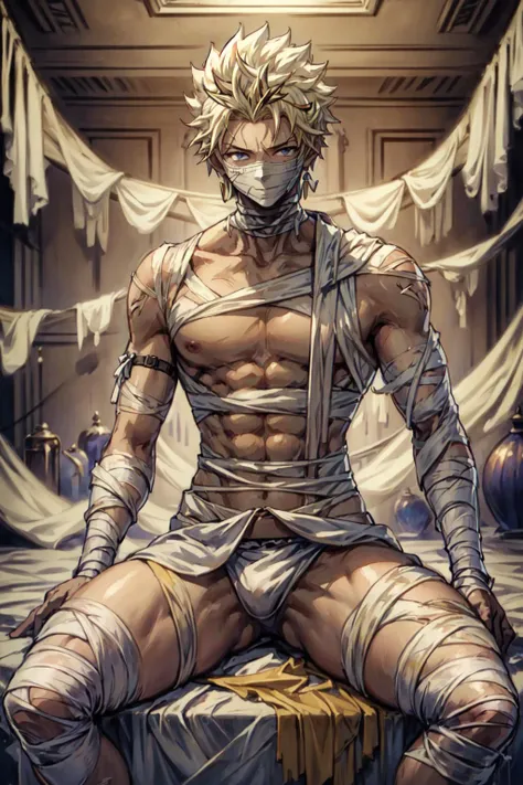 1boy, black eyeliner, male medium length mullet hairstyle, medium sharp hair texture, blonde hair, handsome, blue eyes, black choker, black long bandage gloves, white bandage on body, desert, room, pink lipstick, femboy, blush, thin waist, open mouth, He lies on the floor, half open eyes, holds his waist, bandage pants, bandage choker, mummy