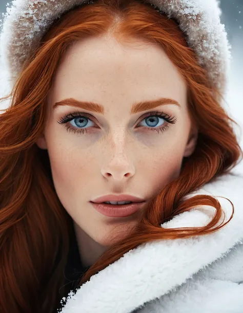 a beautiful young woman, realistic skin texture, red hair, seductive look, winter, snow, 8k uhd,dslr,high quality,film grain,uhd,dslr,best quality,professional photography,cinema,ultra realistic,outdoor,film camera,dslr,lens flare,super-resolution,(16k),uhd,realistic,ultra realistic,ultra quality,film look,