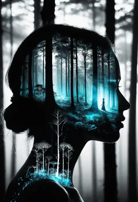 ((optical illusion, mind trick)) , of a transparent (((print woman silhouette))) with a fantasy bioluminescence swamp on it, ((double exposure)) , spectral outlines, backround soft light, semi realistic painting