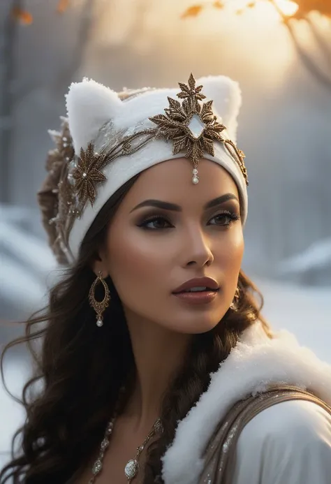 latina woman, snow, in the style of the dsseldorf school of photography, epic fantasy scenes, i can't believe how beautiful this is, light white and bronze, hudson river school, shot on 70mm, eerily realistic --ar 128:87, lights, bioluminescence, a hologram, fantasy art, art by greg rutkowski and artgerm, soft cinematic light, adobe lightroom, photolab, hdr, intricate, highly detailed, (depth of field:1.4)