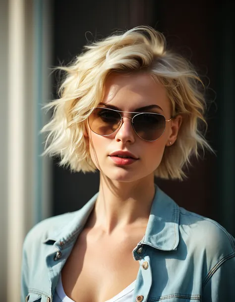 a beautiful young woman, realistic skin texture, blonde short hair, erotic, sunglasses, summer. haze lighting, 8k uhd,dslr,high quality,film grain,uhd,dslr,best quality,professional photography,cinema,ultra realistic,outdoor,film camera,dslr,lens flare,super-resolution,(16k),uhd,realistic,ultra realistic,ultra quality,film look,