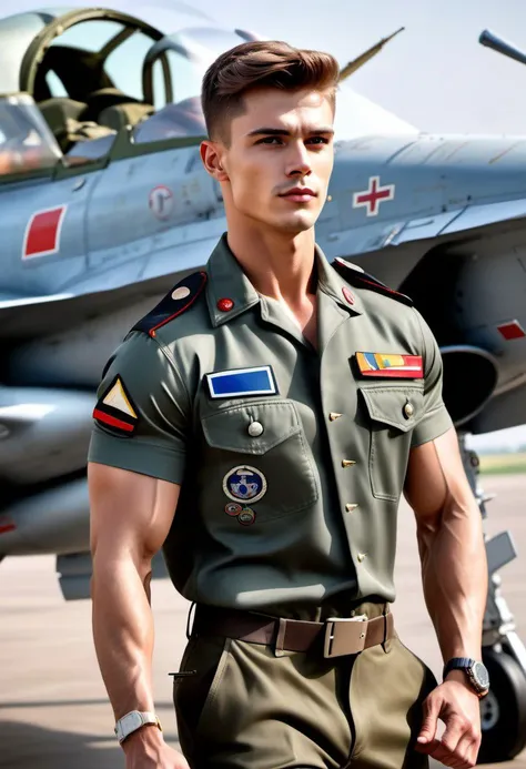 Ultra-detail, (highres:1.1), best quality, (masterpiece:1.3), handsome 23yo male model posing as aviation officer, skinny muscled, perfect biceps, great pecs, thin waist, perfect jawline, modern haircut, dynamic posture posing, full body from side looking forward, wearing military outfit, sitting down