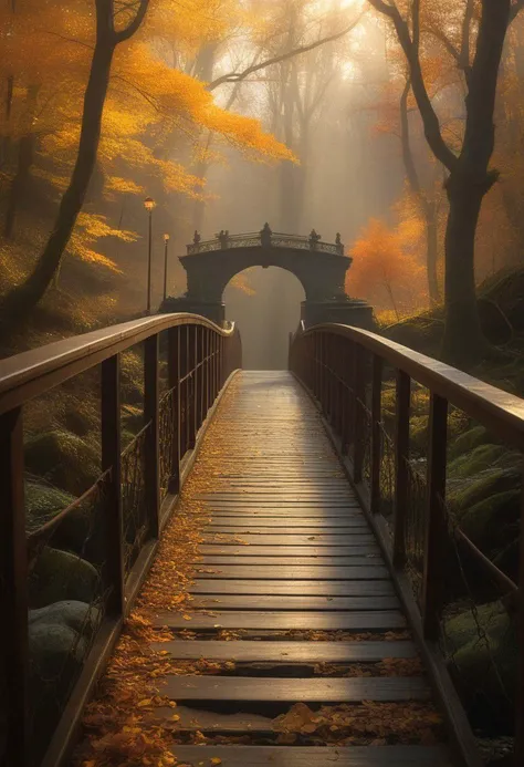 the bridge in an autumn forest, in the style of the dsseldorf school of photography, epic fantasy scenes, i can't believe how beautiful this is, light amber and bronze, hudson river school, shot on 70mm, eerily realistic --ar 128:87, lights, bioluminescence, a hologram, fantasy art, art by greg rutkowski and artgerm, soft cinematic light, adobe lightroom, photolab, hdr, intricate, highly detailed, (depth of field:1.4)