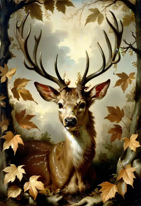Deer head with horns instead of big leaves, leaves sticking out of the head, mud and dirty luscious skin, style by Elisabeth-Louise Vigee Le Brun