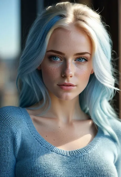 Photo of a very beautiful girl in super skinny jeans, tight light blue sweater, 25 years old girl, tall blond with blue hair, blue eyes, beautiful face, tall, very narrow hips, very small waist, very fit, beautiful_breasted, natural breasts, elegant, perfect face, perfect eyes, elegant, sharp focus, very detailed, matte, masterpiece, giga_breasted,
Light beam Sunlit skin, freckles on her nose