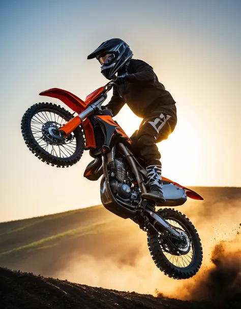a motocross bike is jumping over a hill, outdoor, photo from below, backlit, 8k uhd,dslr,high quality,film grain,uhd,dslr,best quality,professional photography,cinema,ultra realistic,outdoor,film camera,dslr,lens flare,super-resolution,(16k),uhd,realistic,ultra realistic,ultra quality,film look,