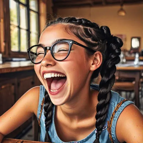 A photo of a screaming tween girl pulling her pigtails
