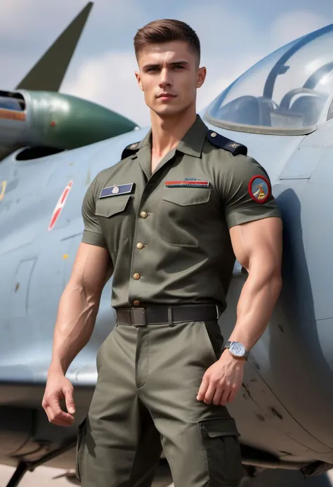 (8K, RAW photo, Highest quality), (full-body shot:1.3), (tall guy:1.4), (aquamarine eyes:1.5),23 years old, white pale skin, (dark brown hair:1.7), ( messy hair:1.3), (militar airport:1.6), (plane :1.3) (militar pilot jacket:1.7), (aviator sunglasses:1.1), (pale skin:1.5), Realistic, (((fully naked:1.5))), nude, (((1 perfect penis:1.3))), 1 amazing penis, (((1 nice penis:1.2))), 1 beautiful penis, 1 great penis, 1 male penis, male scrotum, perfect scrotum, male structure, male genitalia, handsome man, frontage, Intricate details, Extremely detailed eyes and eyelashes, Muscular male, Manly, masculine, Soft lighting, Cinematic lighting, Portrait, Exposing the pectoral muscles, male model, muscular, ripped, defined body, Digital SLR, hyper qualit, Fujifilm XT3, Crystal clear, 8K UHD, High detail, Ultra photo realsisim, haar, ((Realistic skin), ((pores)), ((high detail skin)), volumettic light, groin, far, complex 3D visualization, high detail, 1 handsome young man (nsfw) looking at the viewer (Pureerosface_V 1:0.6), pure, genuine human skin , (bare chest), muscles, vivid details, hyperrealistic, beautiful background, octane rendering, best quality, masterpiece, extremely detailed, computer graphics, unity, wallpapers (realistic, photorealistic: 1.37), stunning, fine details, masterpiece, best quality, official art, extremely detailed CG unity 8k wallpapers, (((Full Body))), ((Correct body structure)), (((Correct dissection))), (((Depth of field:1.5))),