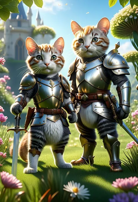 (2 characters), (1cat) and (1mouse:1.2), standing in a human position, with armor, a sword, on a sunny day surrounded by grass and flowersrealistic, photorealistic, photograph, (masterpiece), (finely detailed beautiful eyes:1.2), (highest quality:1.1), (HDR:1.3), 8k quality, ultra high resolution, RTX, ray tracing, highly detailed, majestic, top quality, best quality, high definition, newest, ai-generated, (intricate details:1.1), extremely beautiful, elegant, majestic, immersive background+, hyperrealism, Underwater world,