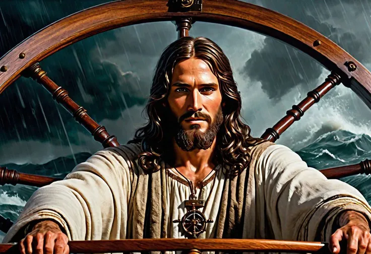 A stunning closeup shot of soft smiling and confident Jesus of Nazareth, his hands firmly gripping the helm wheel, as he steers the ship through stormy waters. (((full view of the wheel))), epic biblical depiction,