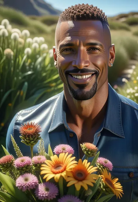 (1man), (dark skin), mature-man, (stubble), (short-goatee), ((mid-bald fade, spiked_hair)), brown hair, smile, brown eyes, detailed eyes, looking at viewer), carrying flowers, looking at viewer, on a sunny day surrounded by grass and flowersrealistic, photorealistic, photograph, (masterpiece), (finely detailed beautiful eyes:1.2), (highest quality:1.1), (HDR:1.3), 8k quality, ultra high resolution, RTX, ray tracing, highly detailed, majestic, top quality, best quality, high definition, newest, ai-generated, (intricate details:1.1), extremely beautiful, elegant, majestic, immersive background+, hyperrealism, Underwater world,
