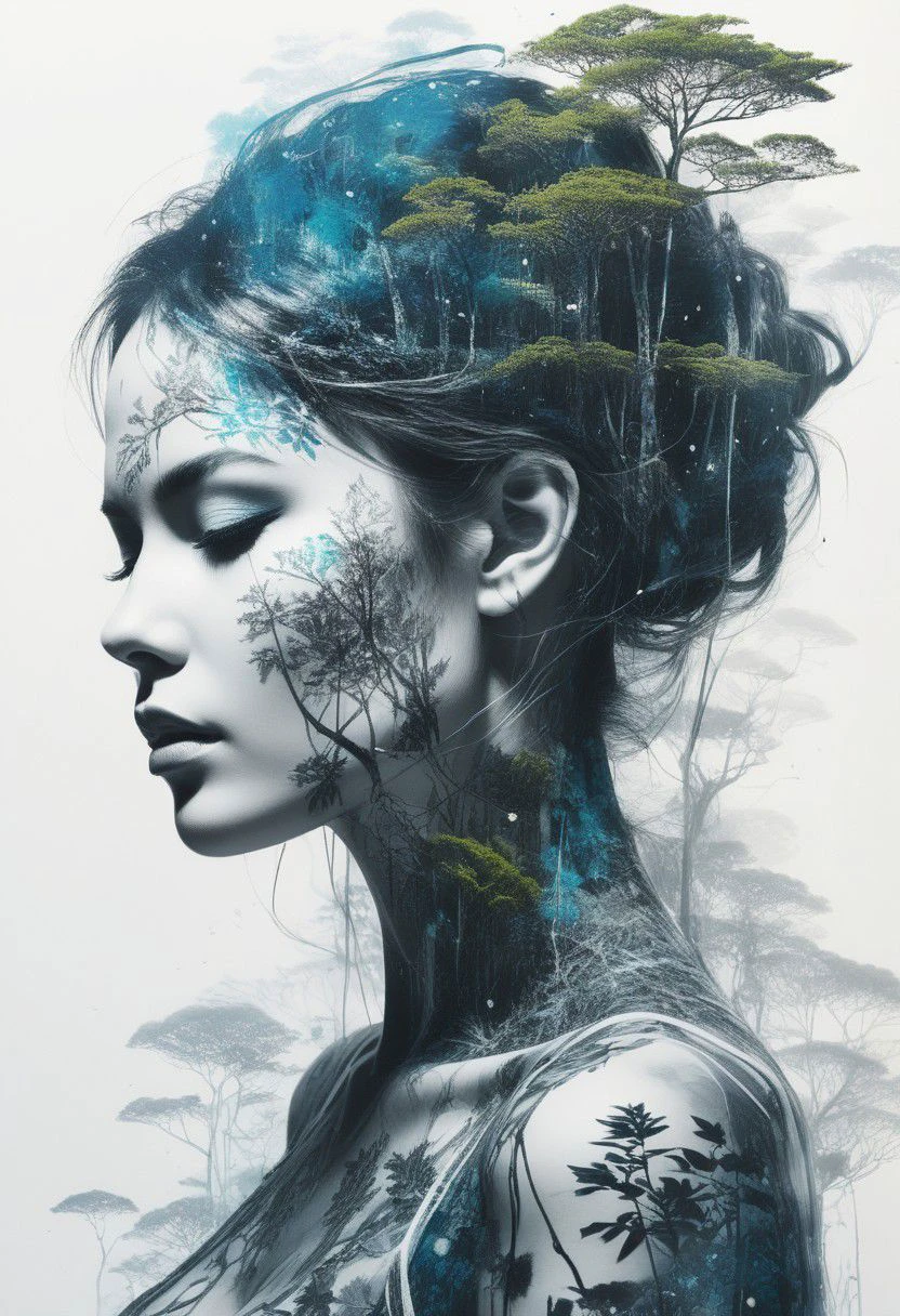 double exposure, solid white background, mysterious silhouette forest woman, by Minjae Lee, Carne Griffiths, Emily Kell, Geoffroy Thoorens, Aaron Horkey, Jordan Grimmer, Greg Rutkowski, amazing depth, masterwork, surreal, geometric patterns, intricately detailed, bokeh, perfect balanced, deep fine borders, artistic photorealism , smooth, great masterwork by head of prompt engineering <lora:add-detail-xl:2> <lora:Double_Exposure:0.5>