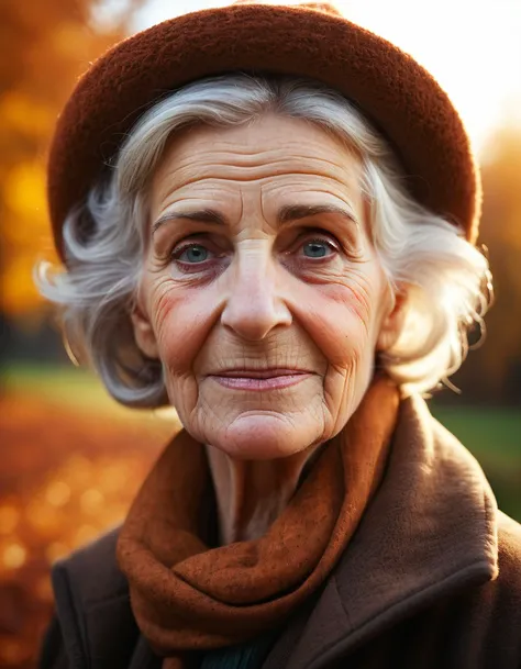 a friendly old woman, realistic skin texture, autumn, haze lighting, 8k uhd,dslr,high quality,film grain,uhd,dslr,best quality,professional photography,cinema,ultra realistic,outdoor,film camera,dslr,lens flare,super-resolution,(16k),uhd,realistic,ultra realistic,ultra quality,film look,