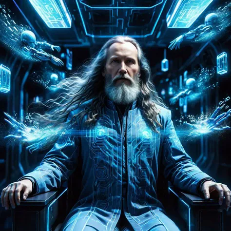 a hologram of Mendeleev, realistic body, futuristic, cyberpunk,  sci-fi, rendered in blue color, hovering in the air behind the tribunes. The hologram should be detailed, photorealistic, close-up