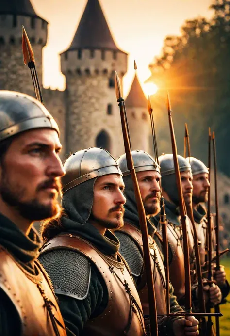 Medieval Castle archers clearly visible faces of the shooters, detailed and super realistic, bokeh position, sunset