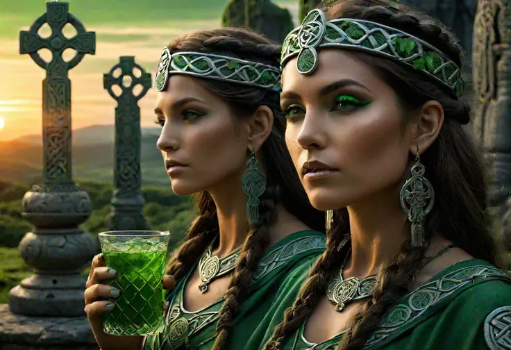 Female druids dressed in green drink from stone vessels ornamented with intricate Celtic filigree. In the background you can see a majestic totem with a carved Celtic cross, chiaroscuro, ultra realistic, ultra detailed, high resolution, 8k, sunset