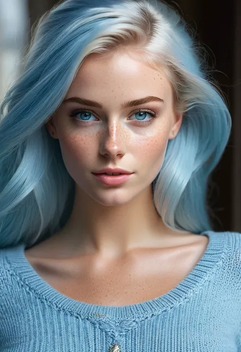 Photo of a very beautiful girl in super skinny jeans, tight light blue sweater, 25 years old girl, tall blond with blue hair, blue eyes, beautiful face, tall, very narrow hips, very small waist, very fit, beautiful_breasted, natural breasts, elegant, perfect face, perfect eyes, elegant, sharp focus, very detailed, matte, masterpiece, giga_breasted,
Light beam Sunlit skin, freckles on her nose