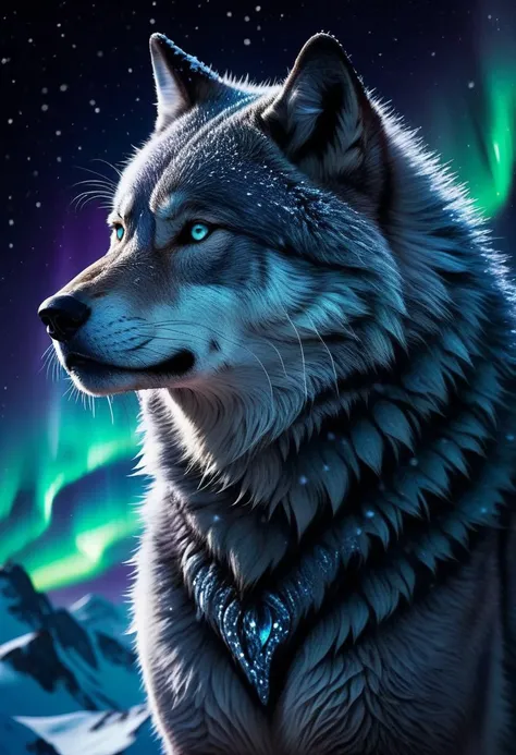 Create an image of Kiana in her Crinos form, a powerful wolf-human hybrid. She stands majestically on a snowy mountain peak at night, her tall and muscular figure silhouetted against a starry sky. Her dark ebony fur glistens with frost, reflecting the moonlight. Kiana’s piercing eyes shine with determination and strength, while her full lips curl into a fierce snarl, showcasing her powerful presence. The snow crunches beneath her large claws, and her posture conveys both grace and raw power. In the background, snow-capped mountains stretch into the horizon, with a shimmering aurora borealis illuminating the scene in vibrant greens and purples, adding an ethereal quality to the night.
Keywords: Kiana, Crinos form, wolf-human hybrid, snowy mountains, night, majestic, muscular, ebony fur, frost, moonlight, piercing eyes, fierce snarl, powerful presence, snow, claws, aurora borealis.