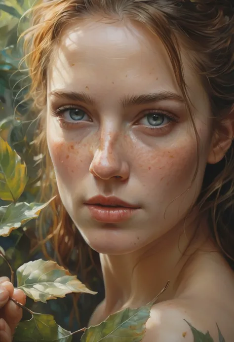 detailed oil painting, <lora:add-detail-xl:1> portrait of a unique breathtaking and beautiful woman face close-up, looking at viewer, stunning detail, hyper detailed eyes, leaves instead of hair, detailed skin with a flawless texture delicate and refined, smooth hair elegantly draped around her neck, subtle freckles on her nose, fullness of her lips, covered with leafs, captured in masterful composition, lighting accentuate her natural beauty, gentle shadows and highlights, incredible skill and attention to detail, nuance and detail, supersharp focus, Carne Griffiths, Conrad Roset, annie leibovitz, (hyperdetailed:1. 15), (soft light, sharp:1. 2), (Hasselblad masterclass:1. 1)