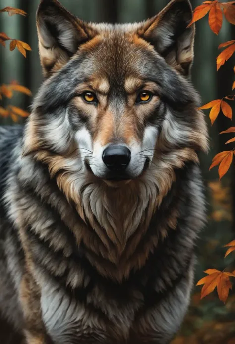 (close-up front view:1.8), dark gold theme, psychedelic, dark noir style, <lora:AshleyWoodArtAILccp:1> AshleyWoodArtAI <lora:greg_rutkowski_xl_v1:1> Greg Rutkowski, (((detailed portraite of a wolf+autumn forest))), red hair, symmetry eyes and iris, long black hair, in black liquid oil dress, huge liquid black oil splash and droplets, colorful, luminism, bioluminescence, studio lighting, hyper detailed, (masterpiece, best quality:1.4), ray tracing reflection, sharp focus, shallow depth of field detailed background, (ultra realistic:1.2), 16k resolution.