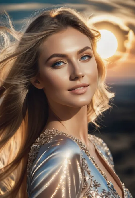blue eyes, fashion makeup, light eye shadow, light blush makeup on cheeks, skin pores, film grain, sun rays (masterpiece, top quality, best quality, official art, beautiful and aesthetic:1.2), smoke, aesthetic, vortex, beautiful woman, smile:0.5, (elegant:1.2), fractal art, (zentangle:0.5), crystal, (sexy), wind, storm, backlighting, solar eclipse, long hair, vogue, depth of field, from waist up, translucent, floating, looking at the camera, facing the camera, <lora:detail_slider_v4:0.1>