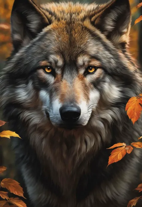 (close-up front view:1.8), dark gold theme, psychedelic, dark noir style, <lora:AshleyWoodArtAILccp:1> AshleyWoodArtAI <lora:greg_rutkowski_xl_v1:1> Greg Rutkowski, (((detailed portraite of a wolf+autumn forest))), red hair, symmetry eyes and iris, long black hair, in black liquid oil dress, huge liquid black oil splash and droplets, colorful, luminism, bioluminescence, studio lighting, hyper detailed, (masterpiece, best quality:1.4), ray tracing reflection, sharp focus, shallow depth of field detailed background, (ultra realistic:1.2), 16k resolution.