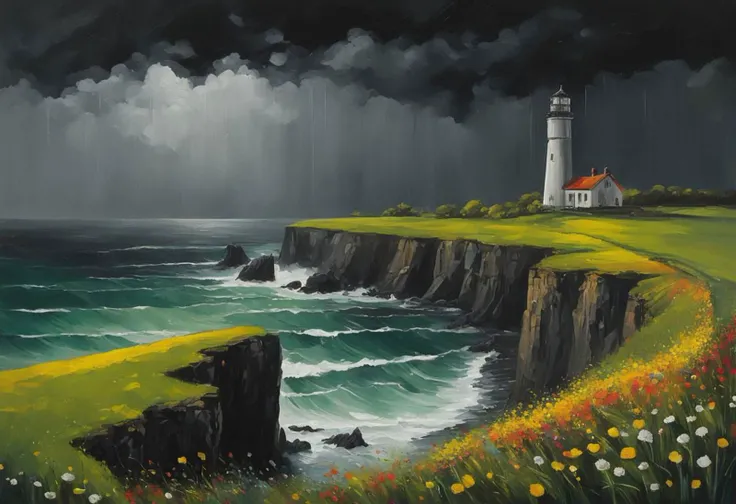 Far view, dark gold theme, psychedelic, dark noir style, (((A lonely lighthous at the edge of a cliff + green field with flowers+ violent grey sea))), black clouds, hail and rain, landscape illustration, huge liquid splash and droplets, oil painting, oils on canvas, rough paint strokes, impressionism, luminism, bioluminescence, studio lighting, hyper detailed, (masterpiece, best quality:1.4), ray tracing reflection, shallow depth of field detailed background, (ultra realistic:1.2), 16k resolution, painting by Frank Frazetta and Milo Manara