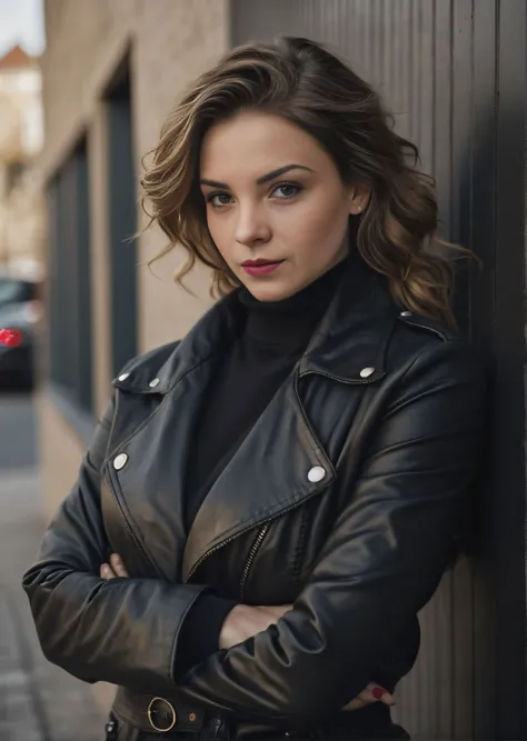 a woman in a black jacket leaning against a wall with her arms crossed and looking at the camera with a serious look on her face,realistic skin details,realistic hair details,eyeliner,(freckles:0.3),(red lips:0.9),(eyeliner:0.8),Raw photo,8k,realistic skin details,realistic hair details,8k uhd,dslr,high quality,film grain,fujifilm xt3,16k uhd,dslr,best quality,decent Wrinkles,Fine Lines,Hyperpigmentation,Dark Spots,Pores,Dry Skin,Uneven Skin Tone,Blackheads,professional photography,cinema,ultra realistic,outdoor,film camera,dslr,lens flare,super-resolution,(16k),uhd,realistic,ultra realistic,ultra quality,film look,