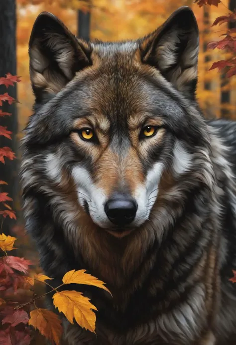 (close-up front view:1.8), dark gold theme, psychedelic, dark noir style, <lora:AshleyWoodArtAILccp:1> AshleyWoodArtAI <lora:greg_rutkowski_xl_v1:1> Greg Rutkowski, (((detailed portraite of a wolf+autumn forest))), red hair, symmetry eyes and iris, long black hair, in black liquid oil dress, huge liquid black oil splash and droplets, colorful, luminism, bioluminescence, studio lighting, hyper detailed, (masterpiece, best quality:1.4), ray tracing reflection, sharp focus, shallow depth of field detailed background, (ultra realistic:1.2), 16k resolution.