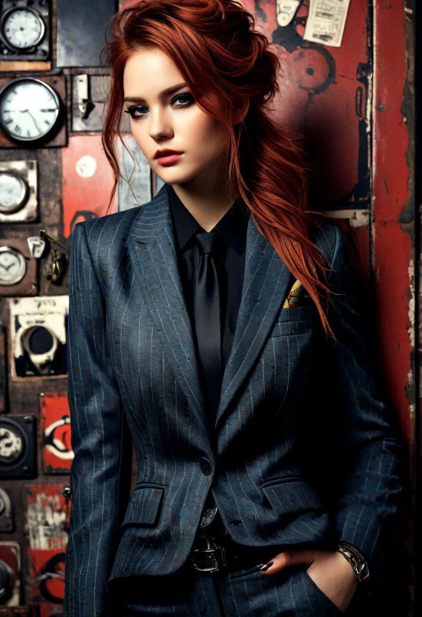 A classic suit with modern grunge elements, hyper detailed hyper realistic stunningly beautiful woman dressed in modern grunge fashion merged with classic tailoring style from head to toe, grunge makeup and accessories, classic suit accents with grungy flair, in the style of eve venture, 2D game art, clamp, porcelain, high-contrast shading