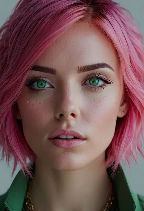 (fullbody shot, camera SONY A7S III, len 18mm, f1.6.). Dynamic body pose, hands on pockets. woman, beauty, pink hair, lightgreen eyes. Pikles, perfect eyes, detailed skin, intricate details, waterdrops on her face, hair and clothes, intense. High quality, Hyperdetailed, depth of field, Ambient Light, Still, Film Still, Cinematic, Cinematic Shot, Cinematic Lighting, ambient occlussion, 64K UHD. Moviel, Film Still, Cinematic, Cinematic Shot, Cinematic Lighting, green eyes, perfecteyes