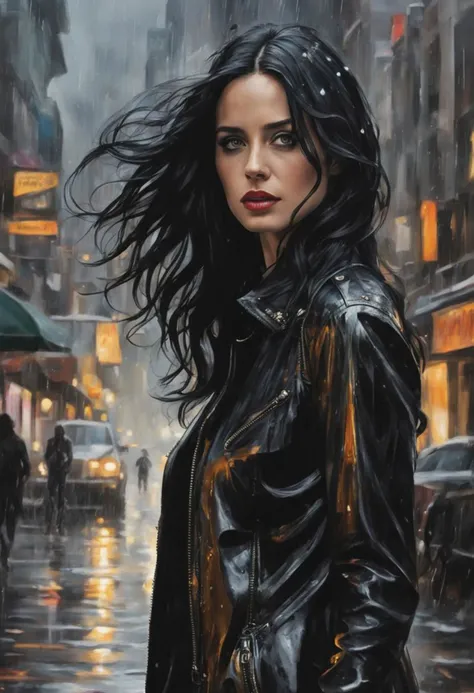 (close-up front view:1.8), dark gold theme, psychedelic, dark noir style, <lora:AshleyWoodArtAILccp:1> AshleyWoodArtAI <lora:greg_rutkowski_xl_v1:1> (((detailed portraite ofJessica Jones+rainy city))), long black hair, in black liquid oil dress, huge liquid black oil splash and droplets, colorful, luminism, bioluminescence, studio lighting, hyper detailed, (masterpiece, best quality:1.4), ray tracing reflection, sharp focus, shallow depth of field detailed background, (ultra realistic:1.2), 16k resolution.