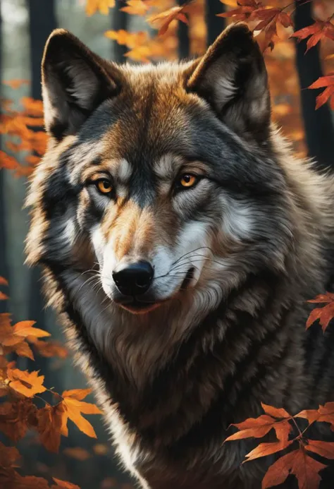 (close-up front view:1.8), dark gold theme, psychedelic, dark noir style, <lora:AshleyWoodArtAILccp:1> AshleyWoodArtAI <lora:greg_rutkowski_xl_v1:1> Greg Rutkowski, (((detailed portraite of a wolf+autumn forest))), red hair, symmetry eyes and iris, long black hair, in black liquid oil dress, huge liquid black oil splash and droplets, colorful, luminism, bioluminescence, studio lighting, hyper detailed, (masterpiece, best quality:1.4), ray tracing reflection, sharp focus, shallow depth of field detailed background, (ultra realistic:1.2), 16k resolution.