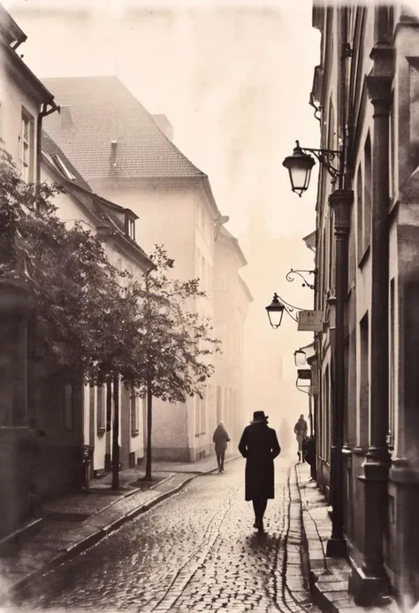 lith_orwo_dokumentenpapier_D, instagram photo,a foggy street, somewhere in an old german town, hard shadows, film grain