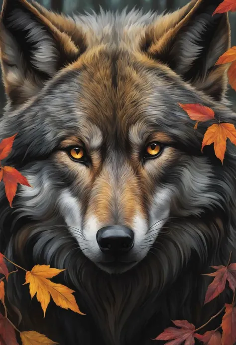 (close-up front view:1.8), dark gold theme, psychedelic, dark noir style, <lora:AshleyWoodArtAILccp:1> AshleyWoodArtAI <lora:greg_rutkowski_xl_v1:1> Greg Rutkowski, (((detailed portraite of a wolf+autumn forest))), red hair, symmetry eyes and iris, long black hair, in black liquid oil dress, huge liquid black oil splash and droplets, colorful, luminism, bioluminescence, studio lighting, hyper detailed, (masterpiece, best quality:1.4), ray tracing reflection, sharp focus, shallow depth of field detailed background, (ultra realistic:1.2), 16k resolution.