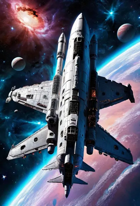 Dreamland Concept Art of ral-ledlights, Millennium Falcon Concept Art, StarCraft Spirit Tech Look, rune, with Nebula as background, <lora:ral-ledlights:0.5>. Grand, celestial, ethereal, painterly, epic, majestic, magical, fantasy art, cover art, dreamlike, realistic details, 8K, space ship, shuttle, space battleship,