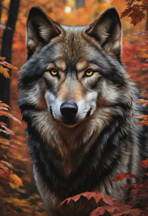 (close-up front view:1.8), dark gold theme, psychedelic, dark noir style, <lora:AshleyWoodArtAILccp:1> AshleyWoodArtAI <lora:greg_rutkowski_xl_v1:1> Greg Rutkowski, (((detailed portraite of a wolf+autumn forest))), red hair, symmetry eyes and iris, long black hair, in black liquid oil dress, huge liquid black oil splash and droplets, colorful, luminism, bioluminescence, studio lighting, hyper detailed, (masterpiece, best quality:1.4), ray tracing reflection, sharp focus, shallow depth of field detailed background, (ultra realistic:1.2), 16k resolution.