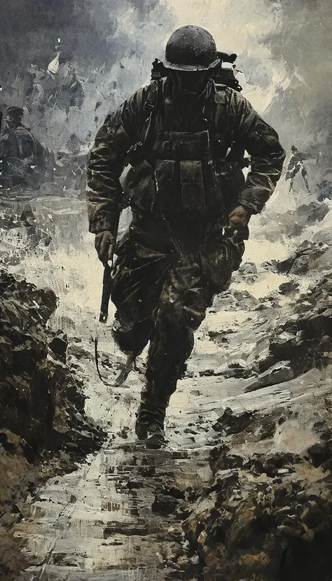 (1944 year World War II chronicle Normandy landings:1.8), dark black oil theme, dark noir style, <lora:AshleyWoodArtAIcc:1> AshleyWoodArtAI <lora:greg_rutkowski_xl_v1:1> Greg Rutkowski, (scene from saving private ryan:1.4), Soldiers run along the Omaha beach, rock fortification and dots, USA flag, black smoke and fog, liquid black oil splash and droplets, dynamic action motion capture, colorful, luminism, bioluminescence, studio lighting, hyper detailed, (masterpiece, best quality:1.4), ray tracing reflection, sharp focus, shallow depth of field detailed background, (ultra realistic:1.2), (add details, more artful:1.4), 16k