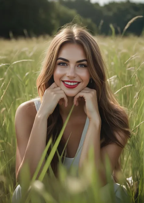 a woman is sitting in a field of tall grass smiling for the camera with her hands on her face,realistic skin details,realistic hair details,eyeliner,(freckles:0.3),(red lips:0.9),(eyeliner:0.8),Raw photo,8k,realistic skin details,realistic hair details,8k uhd,dslr,high quality,film grain,fujifilm xt3,16k uhd,dslr,best quality,decent Wrinkles,Fine Lines,Hyperpigmentation,Dark Spots,Pores,Dry Skin,Uneven Skin Tone,Blackheads,professional photography,cinema,ultra realistic,outdoor,film camera,dslr,lens flare,super-resolution,(16k),uhd,realistic,ultra realistic,ultra quality,film look,