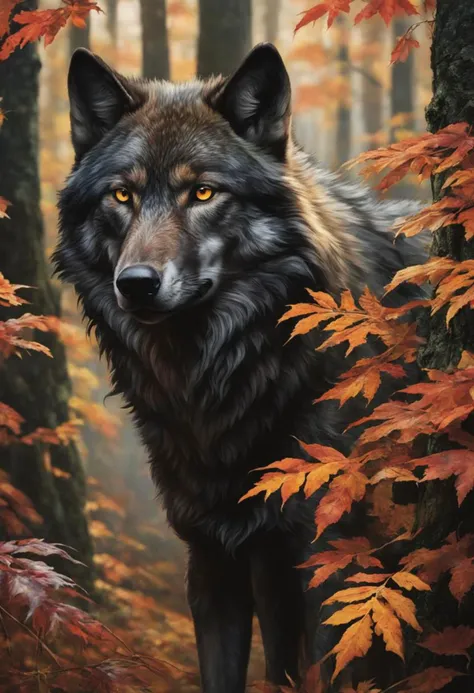 (close-up front view:1.8), dark gold theme, psychedelic, dark noir style, <lora:AshleyWoodArtAILccp:1> AshleyWoodArtAI <lora:greg_rutkowski_xl_v1:1> Greg Rutkowski, (((detailed portraite of a wolf+autumn forest))), red hair, symmetry eyes and iris, long black hair, in black liquid oil dress, huge liquid black oil splash and droplets, colorful, luminism, bioluminescence, studio lighting, hyper detailed, (masterpiece, best quality:1.4), ray tracing reflection, sharp focus, shallow depth of field detailed background, (ultra realistic:1.2), 16k resolution.