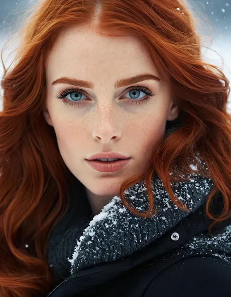 a beautiful young woman, realistic skin texture, red hair, seductive look, winter, snow, 8k uhd,dslr,high quality,film grain,uhd,dslr,best quality,professional photography,cinema,ultra realistic,outdoor,film camera,dslr,lens flare,super-resolution,(16k),uhd,realistic,ultra realistic,ultra quality,film look,