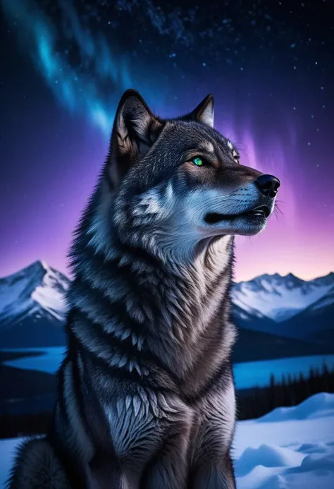 Create an image of Kiana in her Crinos form, a powerful wolf-human hybrid. She stands majestically on a snowy mountain peak at night, her tall and muscular figure silhouetted against a starry sky. Her dark ebony fur glistens with frost, reflecting the moonlight. Kiana’s piercing eyes shine with determination and strength, while her full lips curl into a fierce snarl, showcasing her powerful presence. The snow crunches beneath her large claws, and her posture conveys both grace and raw power. In the background, snow-capped mountains stretch into the horizon, with a shimmering aurora borealis illuminating the scene in vibrant greens and purples, adding an ethereal quality to the night.
Keywords: Kiana, Crinos form, wolf-human hybrid, snowy mountains, night, majestic, muscular, ebony fur, frost, moonlight, piercing eyes, fierce snarl, powerful presence, snow, claws, aurora borealis.