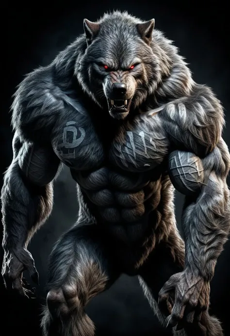 distant full shot view, full body,Massive, powerful werewolf with gray, scarred fur, muscles rippling, eyes fierce and primal, exuding sheer strength. Nordic runes faintly visible on fur, in bold, intense comic style.