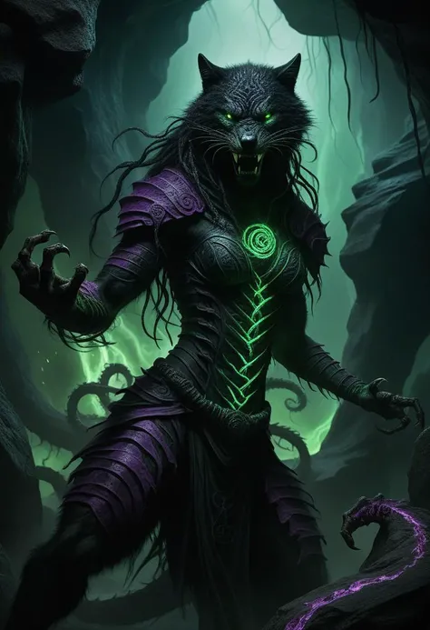 Zhyzhak, the feared leader of the Black Spiral Dancers, shown in both her human and Crinos forms. In her human form, she appears as a tall, muscular woman with scars, dark ritual tattoos, and a chilling, sadistic smile. She wears corrupted, Wyrm-marked armor and ritualistic black clothing, her eyes glowing with a green, otherworldly menace. In her Crinos form, Zhyzhak towers over all as a monstrous black-furred werewolf, her body marked with twisted symbols that pulse with dark power. Her eyes gleam with hatred, and her claws are poised for carnage. Around her, ominous shadows swirl, ancient and cursed inscriptions glow in the air, and an eerie green-purple light fills the cave, capturing the raw, chaotic power of the Wyrm."
Keywords: Zhyzhak, Black Spiral Dancers, human form, Crinos form, Wyrm corruption, glowing eyes, scars, dark symbols, ritual tattoos, chaotic energy, danger, horror, dark cave, supernatural menace.