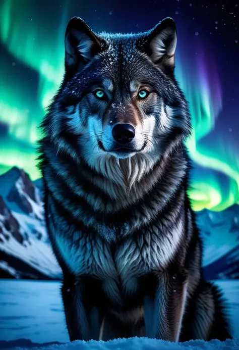 Create an image of Kiana in her Crinos form, a powerful wolf-human hybrid. She stands majestically on a snowy mountain peak at night, her tall and muscular figure silhouetted against a starry sky. Her dark ebony fur glistens with frost, reflecting the moonlight. Kiana’s piercing eyes shine with determination and strength, while her full lips curl into a fierce snarl, showcasing her powerful presence. The snow crunches beneath her large claws, and her posture conveys both grace and raw power. In the background, snow-capped mountains stretch into the horizon, with a shimmering aurora borealis illuminating the scene in vibrant greens and purples, adding an ethereal quality to the night.
Keywords: Kiana, Crinos form, wolf-human hybrid, snowy mountains, night, majestic, muscular, ebony fur, frost, moonlight, piercing eyes, fierce snarl, powerful presence, snow, claws, aurora borealis.