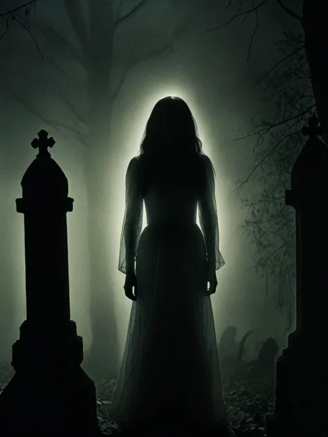 Horror-themed A photorealistic still captured on analog film grain, illustrating a translucent and eerie ghost person in a dimly lit graveyard, moonlight, with shadows casting an unsettling ambiance, in the style of Gothic horror, reflecting a sense of terror and mystery, intricate details, highly realistc, ((close portrait of a ghost woman)), <lora:ghosts person 1a:1.4> . Eerie, unsettling, dark, spooky, suspenseful, grim, highly detailed