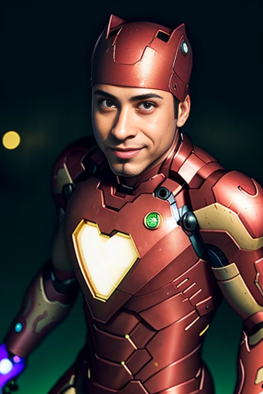 4K, Masterpiece, Ricardo, Ricardo,and dancing, in (ironman suit),high resolution, high skin quality, shiny skin, oily skin, tan skin, ricardo in the city, face ultra closeup, face details, red bandana on the head, cyberpunk 2077, (neon lights in the city background:1.1), glowing colors, looking at viewer, naughty smile, symmetric, centered, closeup, masculine, athletic,, glowsticks, disco, gold outline,  ,  in (ironman suit)<lora:ricardoMilos_v10:0.7>