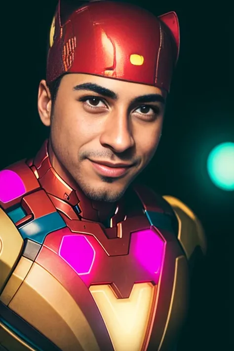 4K, Masterpiece, Ricardo, Ricardo,and dancing, in (ironman suit),high resolution, high skin quality, shiny skin, oily skin, tan skin, ricardo in the city, face ultra closeup, face details, red bandana on the head, cyberpunk 2077, (neon lights in the city background:1.1), glowing colors, looking at viewer, naughty smile, symmetric, centered, closeup, masculine, athletic,, glowsticks, disco, gold outline, , in (ironman suit)<lora:ricardoMilos_v10:0.7>